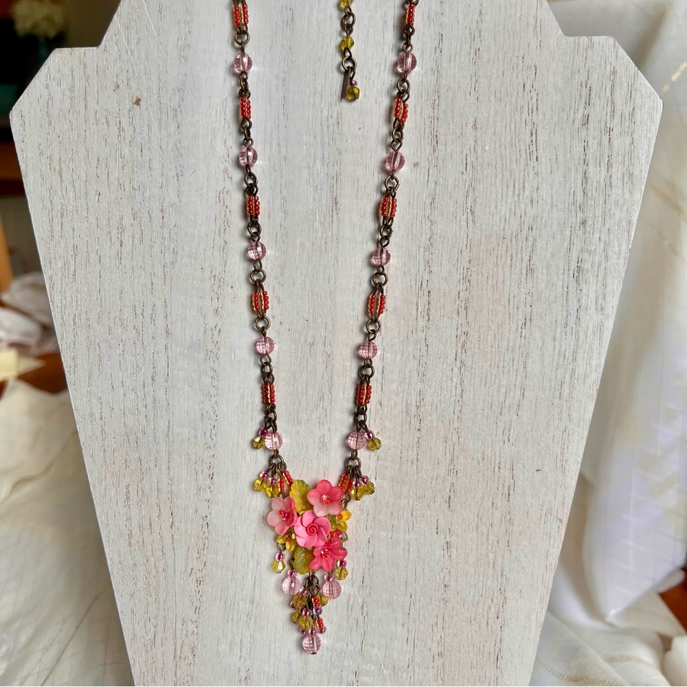 Colleen Toland Vintage Pink Blossoms Floral Beaded Necklace